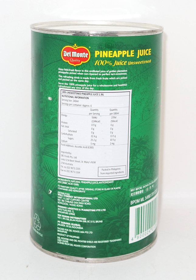 Del Monte Pineapple Juice 100% Juice Unsweetened 1.36L - Crown Supermarket